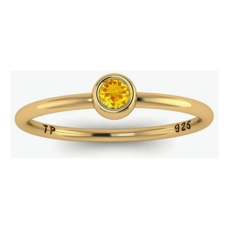 Anel Solitário Citrino Redonda - Prata 925 Dourada Ouro 18k