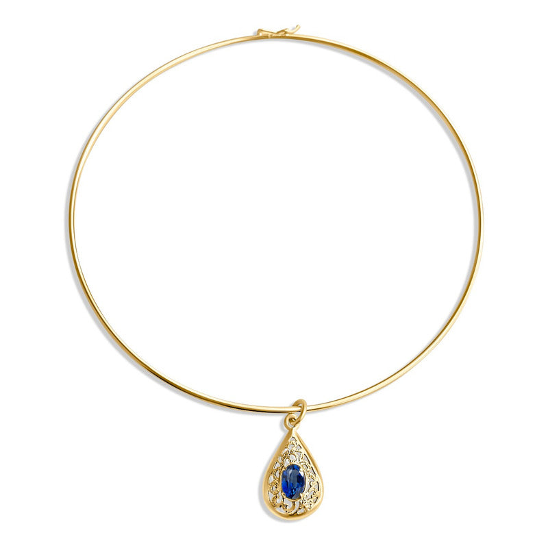 Colar Choker Filigrana Prata 925 Dourada 18k - Safira Gota