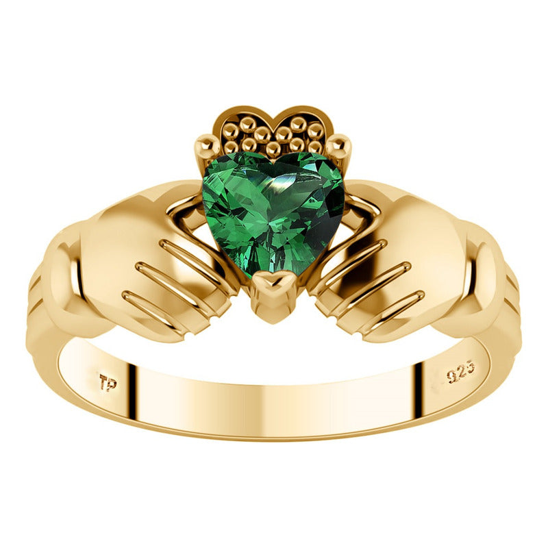 Anel Claddagh Irlandês Prata 925 Dourada 18k - Esmeralda