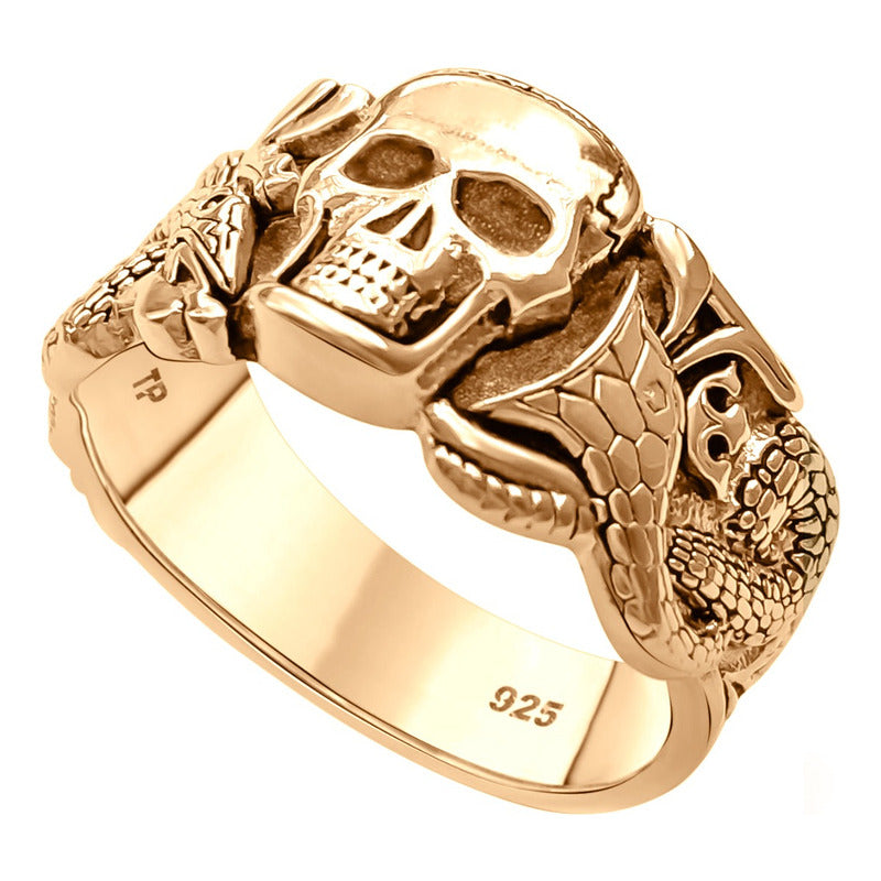 Anel Masculino Caveira Serpente Prata 925 Dourada Ouro 18k