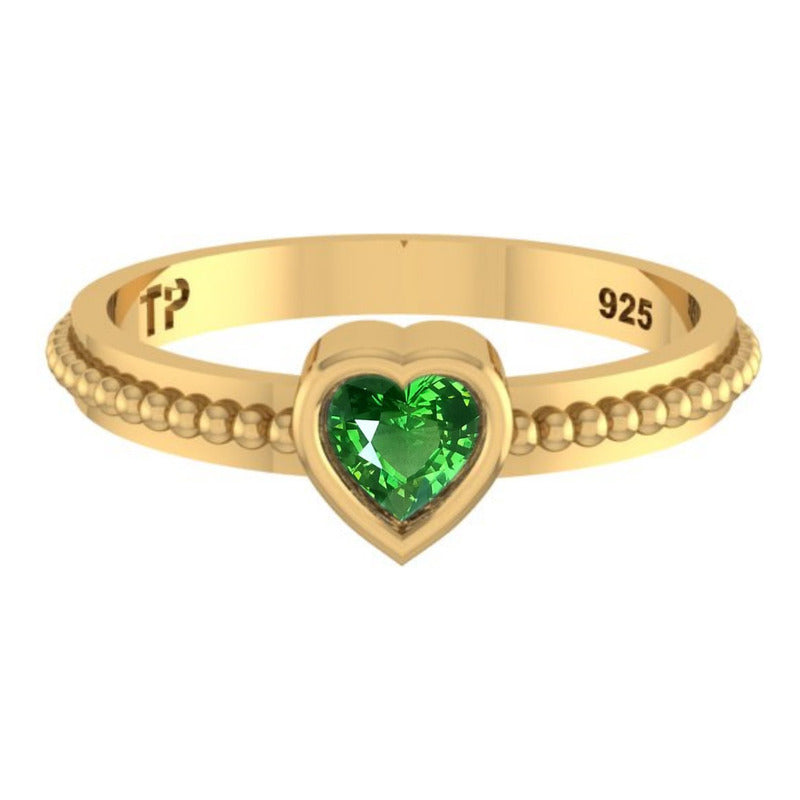 Anel Prata 925 Dourada 18k Solitário Coração - Esmeralda