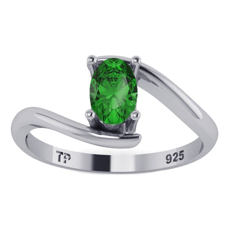 Anel De Prata 925 Solitário Miami Esmeralda - Feminino