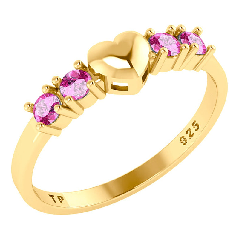 Anel Coração Sólido Prata 925 Dourada 18k - Zircônias Rosa