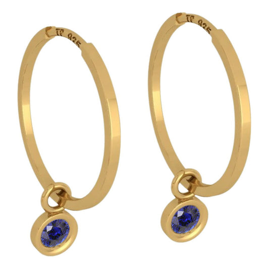 Brinco Argola Prata 925 Dourada 18k Pingent Redondo- Safira