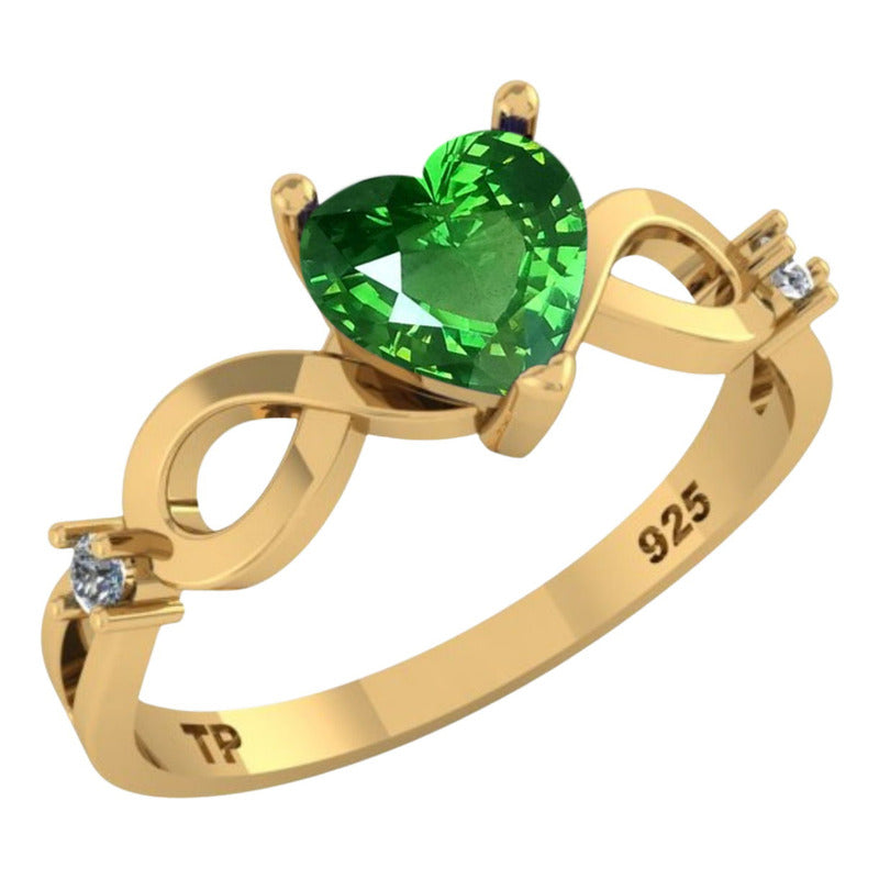 Anel Prata 925 Dourada 18k Infinito Amor Coração - Esmeralda