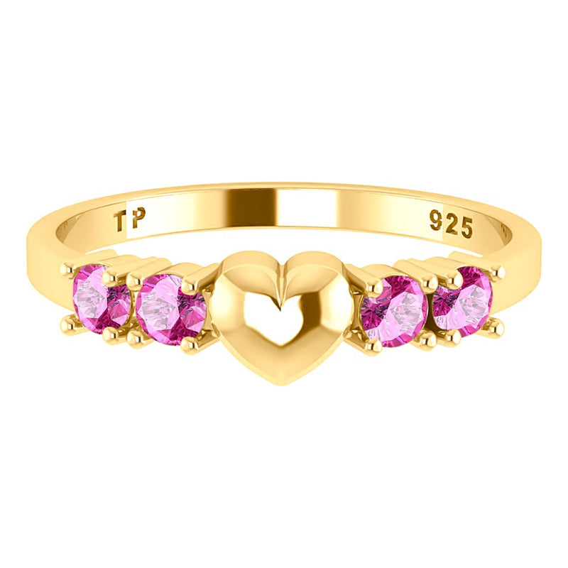 Anel Coração Sólido Prata 925 Dourada 18k - Zircônias Rosa
