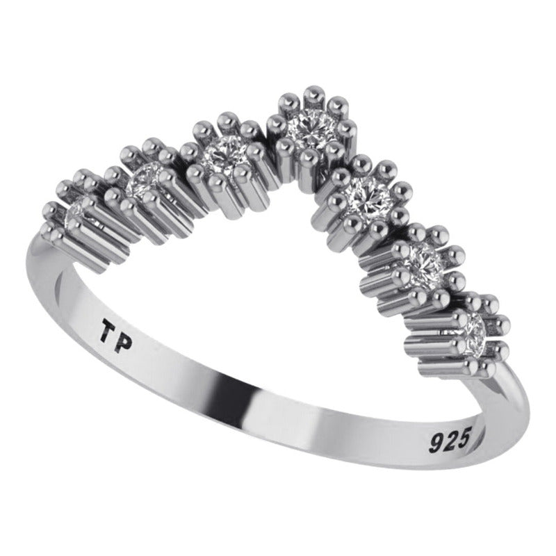 Anel V Pura Prata 925 Chevron Brilhante Zirconias- Exclusivo
