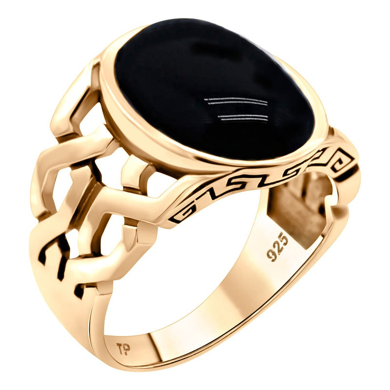 Anel Elos Oval Prata 925 Dourada Ouro 18k Black Ônix
