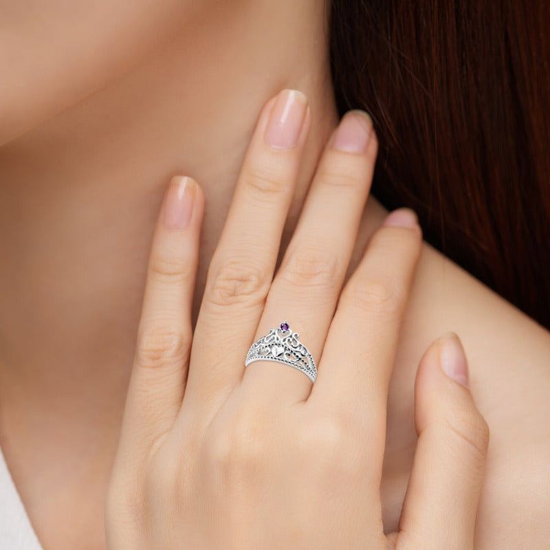 Anel Tiara Princesa Prata 925 Coração Ametista - Exclusivo