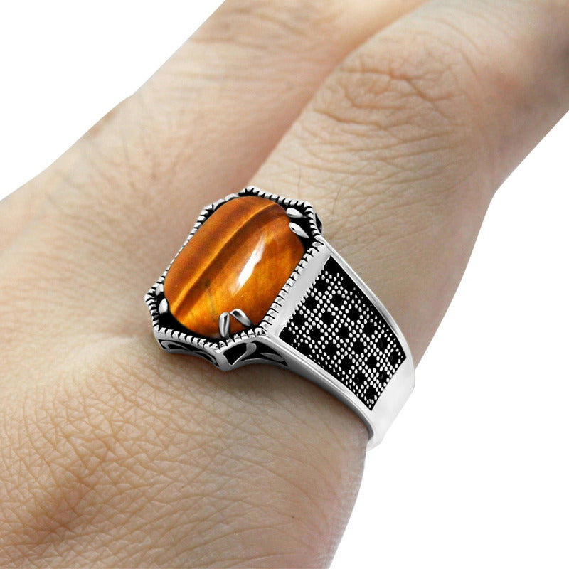 Anel Prata 925 Olho De Tigre Natural Cabochão Exclusivo