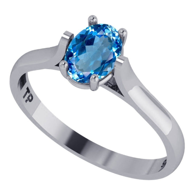 Anel Solitário Prata 925 Topázio Azul Oval - Exclusivo