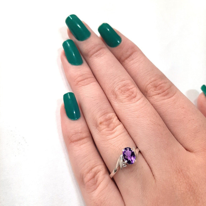 Anel Wings Pedra Roxa Oval Prata 925 - Exclusivo Tamanho 30