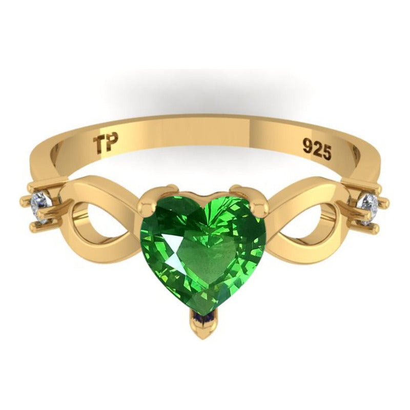 Anel Prata 925 Dourada 18k Infinito Amor Coração - Esmeralda