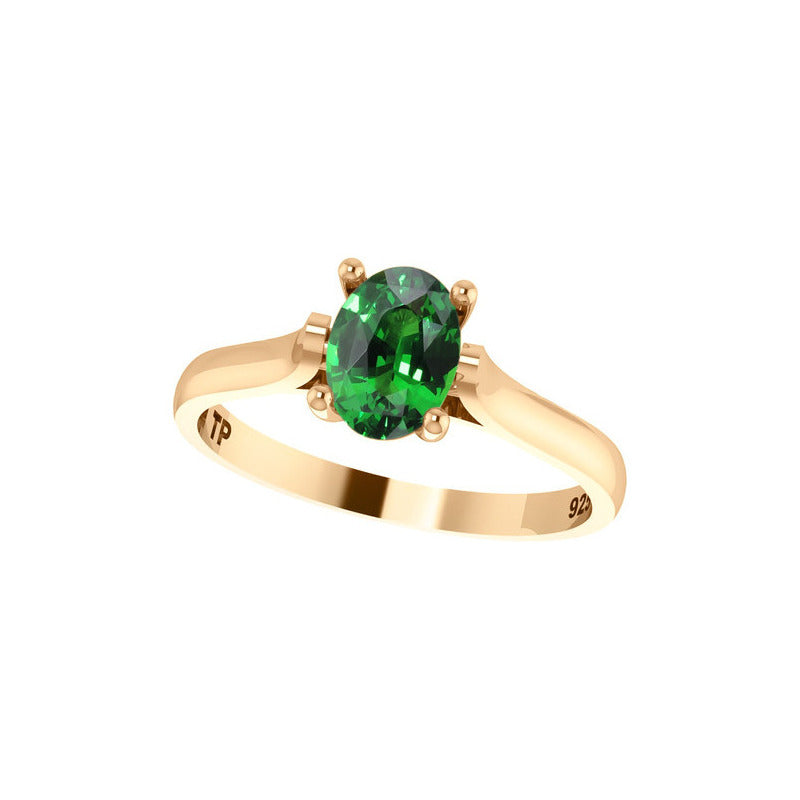 Anel Solitário Oval Em Prata 925 Dourada 18k - Esmeralda