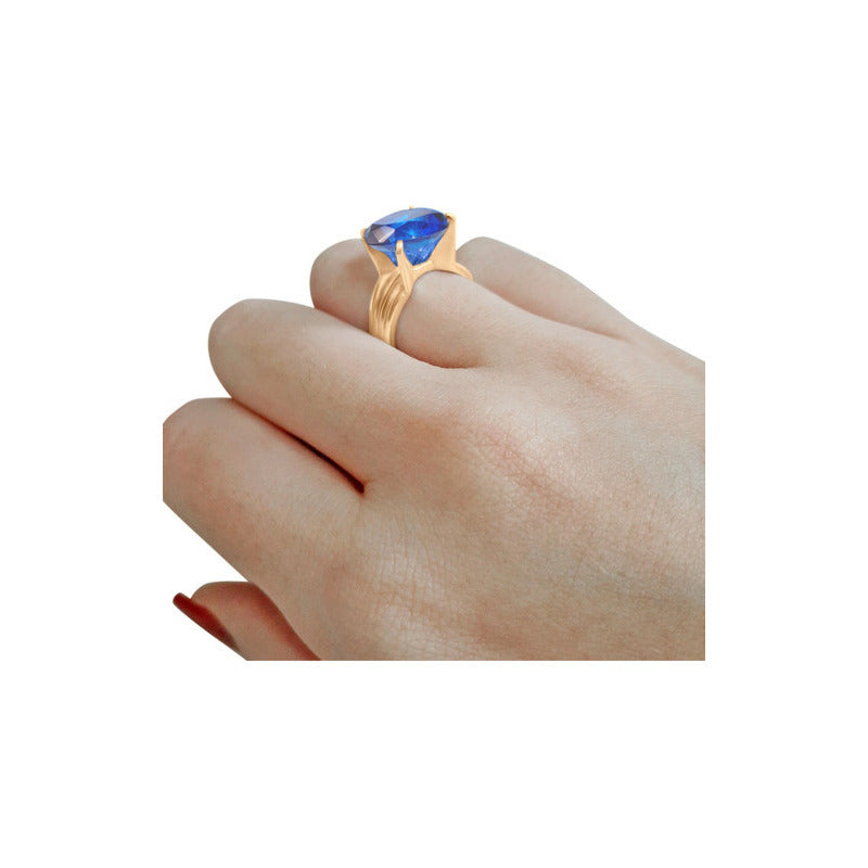Anel Solitário Prata 925 Dourada 18k - Safira Grande