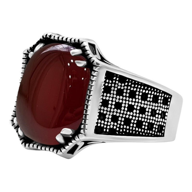 Anel Prata 925 Ágata Vermelha Natural Cabochão Exclusivo