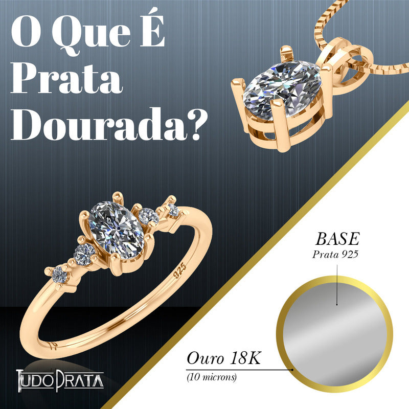 Anel Viena Retangular Prata 925 Dourada 18k - Zircônia
