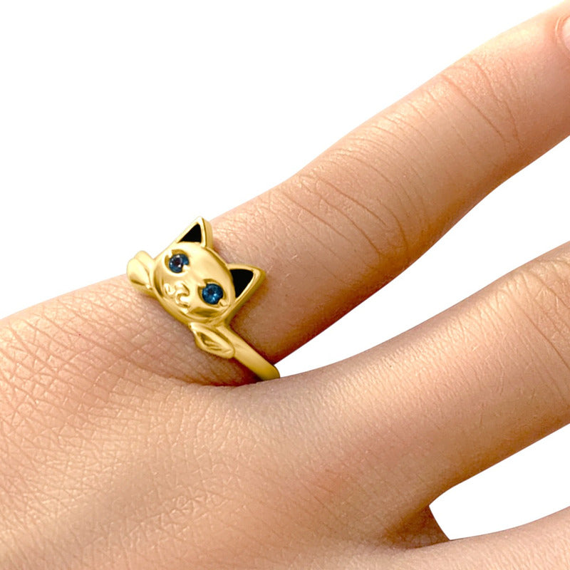 Anel Gatinho Olhos Topázio Azul - Prata 925 Dourada 18k