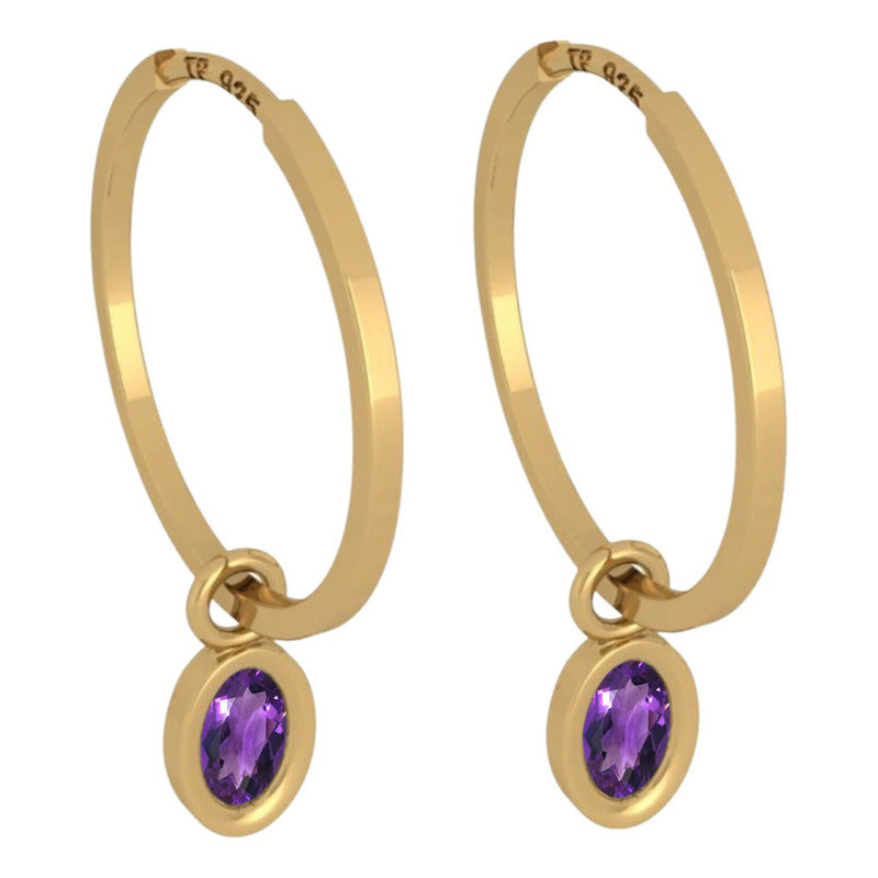 Brinco Argola Prata 925 Dourada 18k Pingente Oval - Ametista