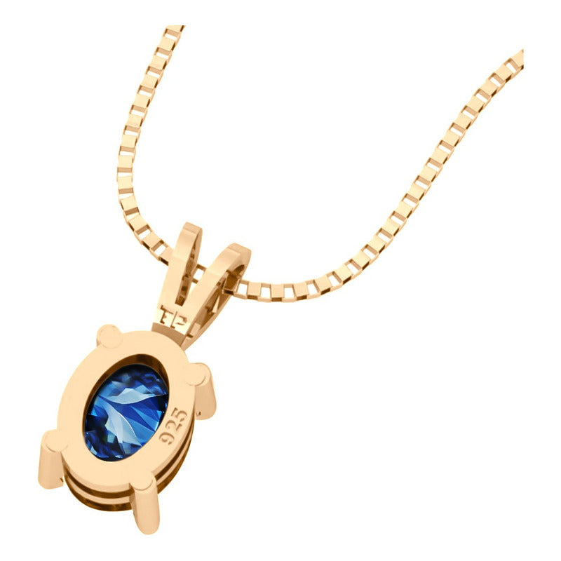 Colar Pingente Oval Prata 925 Dourada 18k - Topázio Azul