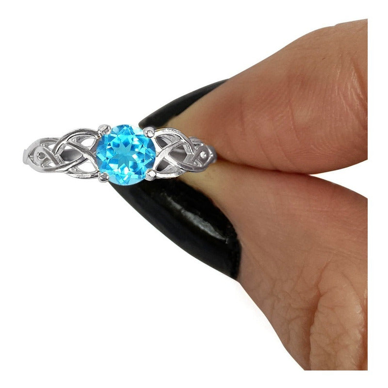Anel Solitário Celta Knot Prata 925 Topázio Azul - Exclusivo