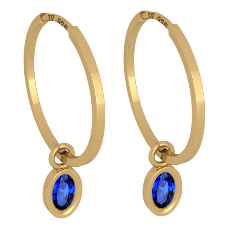 Brinco Argola Prata 925 Dourada 18k Pingente Oval - Safira