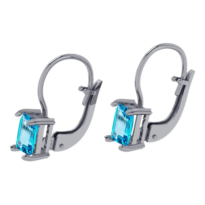 Brinco Trava Prata 925 Azul Topazio Retangular- Exclusivo Azul-claro