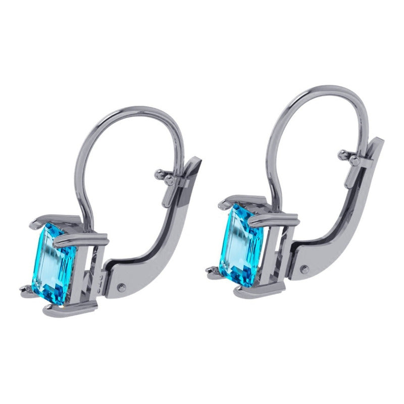 Brinco Trava Pura Prata 925 Azul Topaz Retangular- Exclusivo - Compre Joias Direto Da Fábrica E Economize Dinheiro