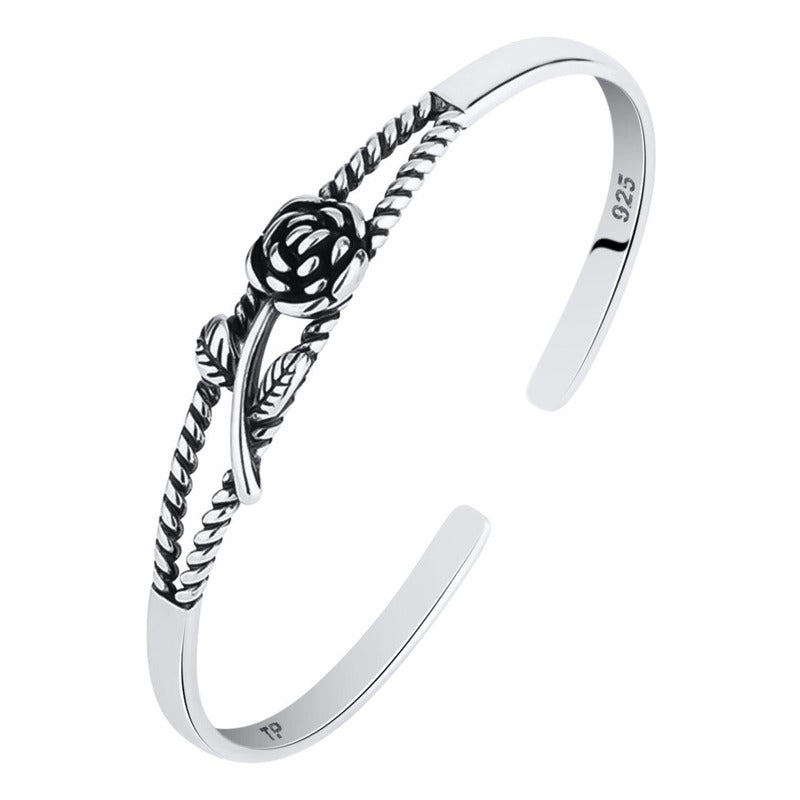 Pulseira Bracelete Floral Rígido Maciço Prata 925 - Feminino