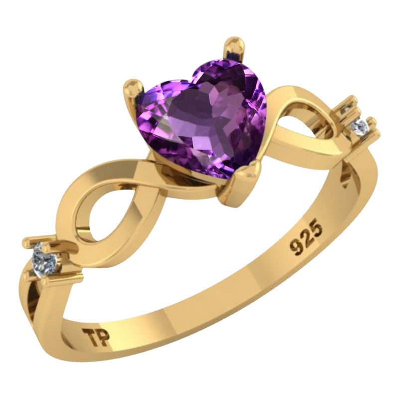 Anel Prata 925 Dourada 18k Infinito Amor Coração - Ametista