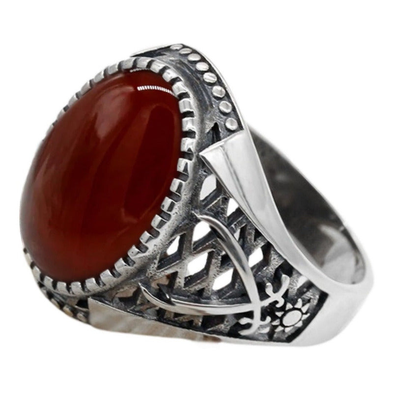 Anel Masculino De Prata 925 Oval Ágata Vermelha - Exclusivo