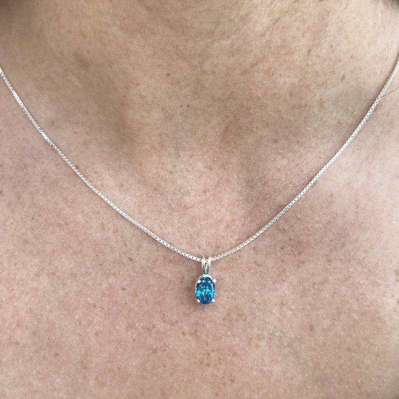 Colar Topázio Azul Prata 925 Oval 8x6mm- Corrente Veneziana