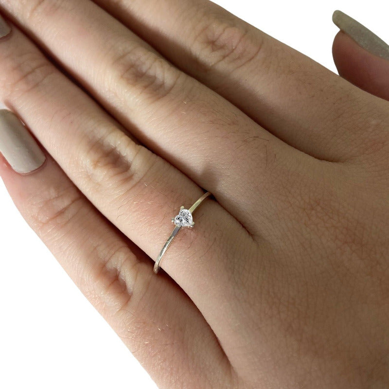 Anel Solitário Zirconia Coração Pura Prata 925 - Exclusivo