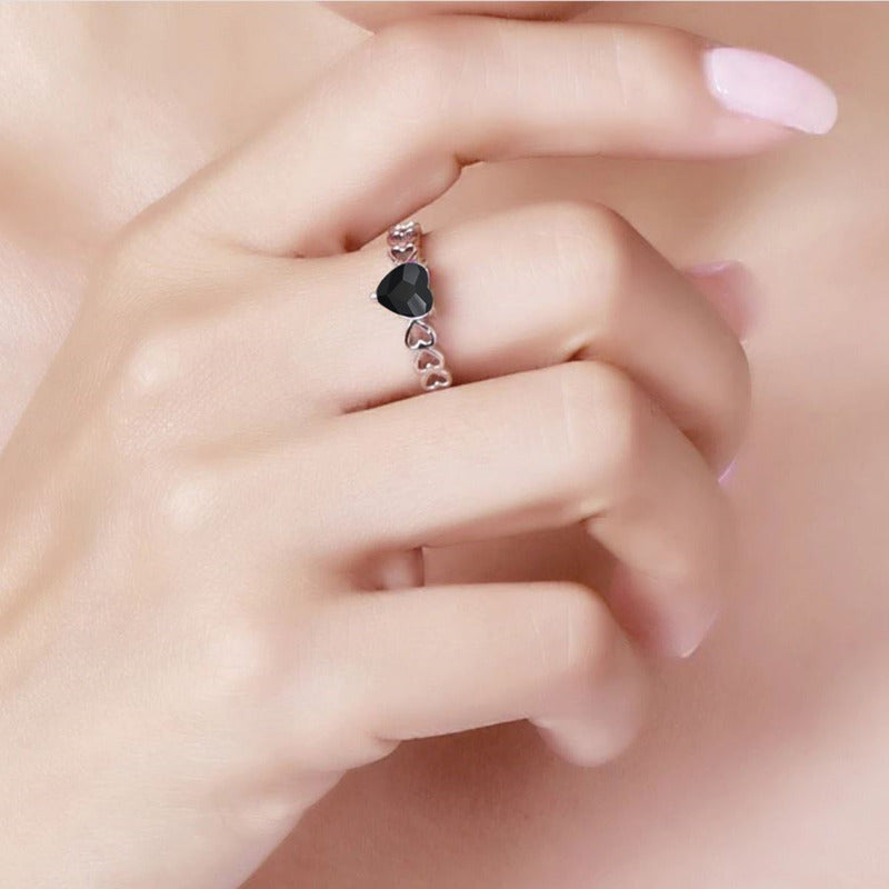 Anel Luxo Pura Prata 925 Black Onix Coração - Exclusivo