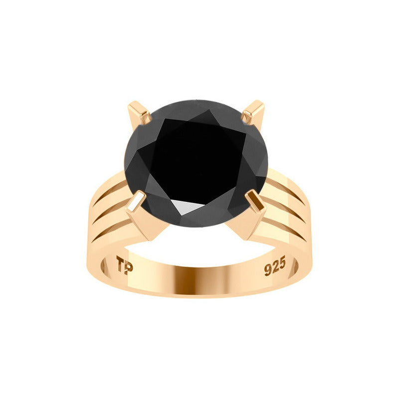 Anel Solitário Prata 925 Dourada 18k - Black Ônix Grande