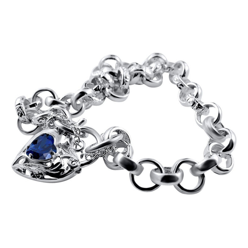 Pulseira Prata 925 Elo Português Safira Azul - Fecho Coração