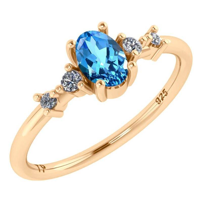 Anel London De Prata 925 Dourada Ouro 18k - Topázio Azul
