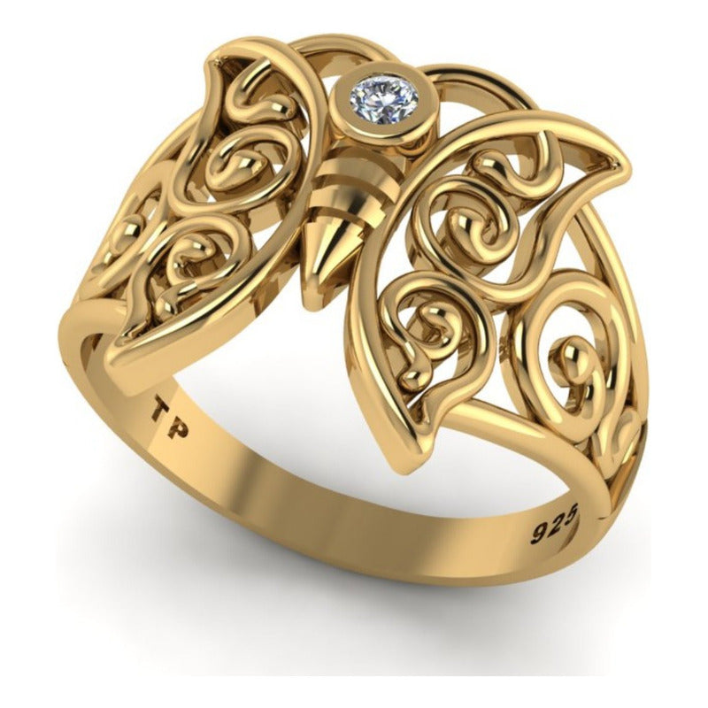 Anel Borboleta Celta Prata 925 Dourada 18k - Zircônia