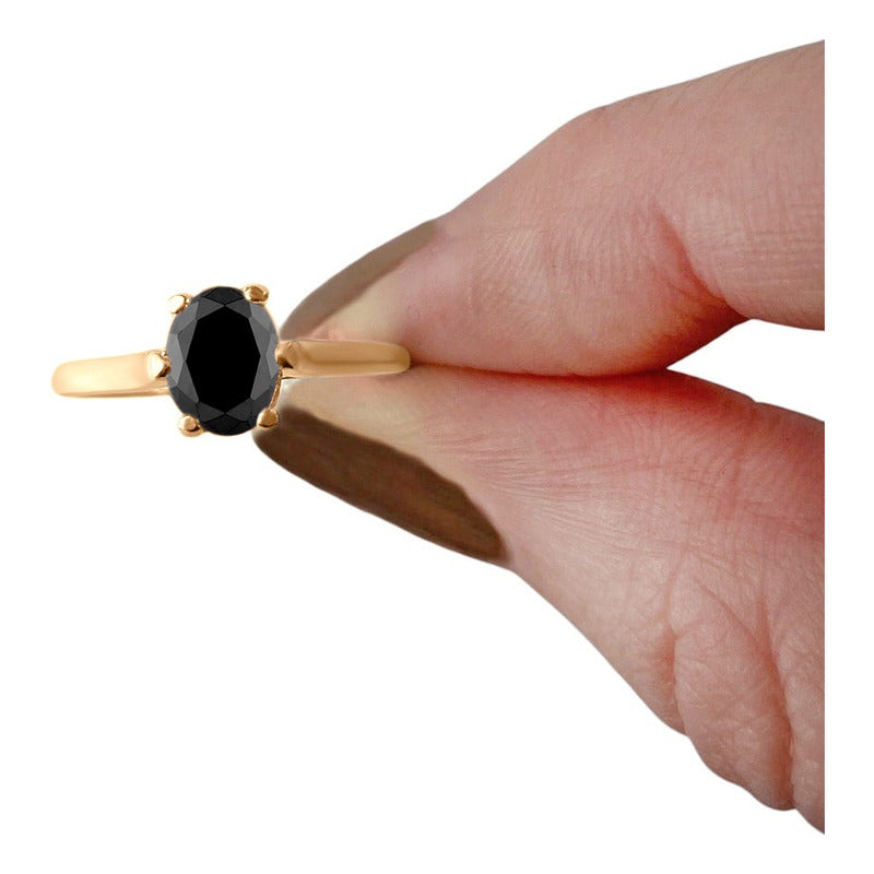 Anel Solitário Oval Em Prata 925 Dourada 18k - Black Ônix