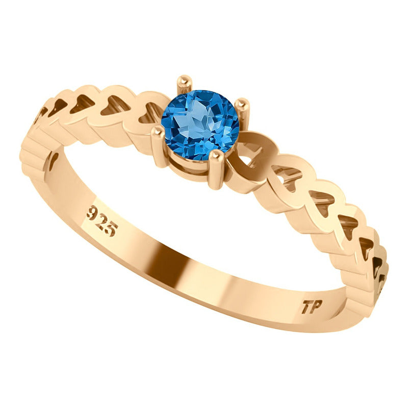 Anel Luxo Corações Prata 925 Dourada Ouro 18k - Topázio Azul