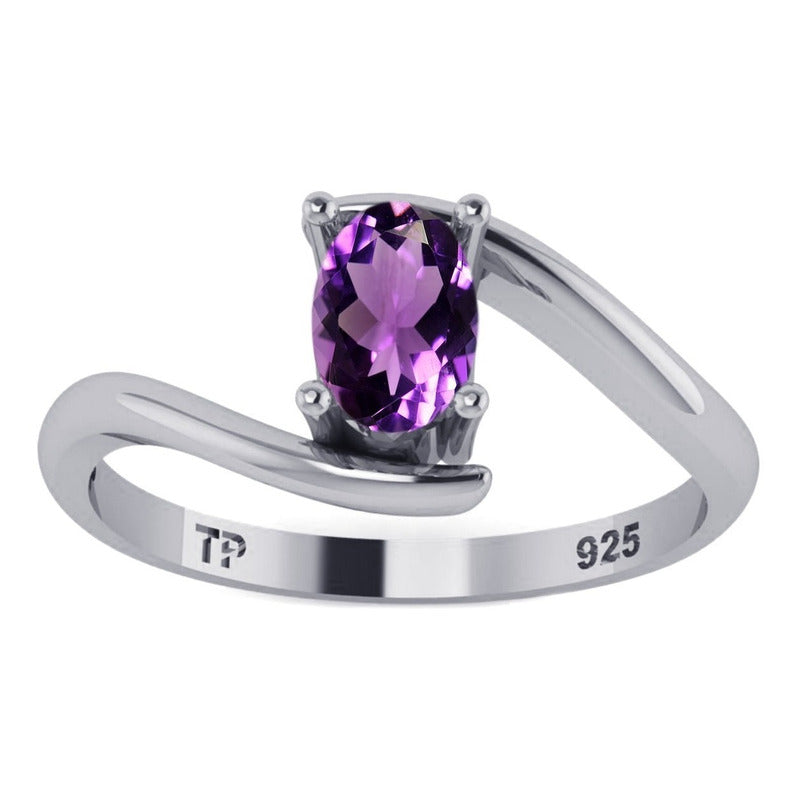 Anel De Prata 925 Solitário Miami Ametista - Feminino