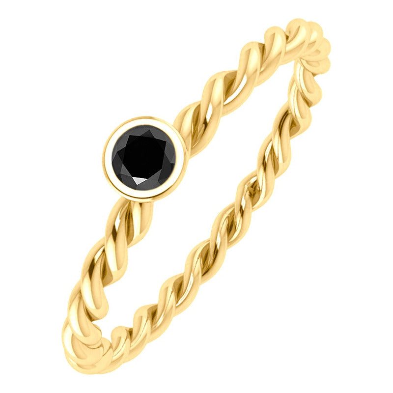 Anel Solitário Prata 925 Dourada 18k Torcido - Black Onix