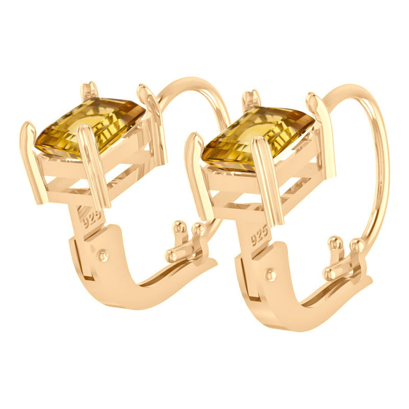 Brinco Trava Retangular Prata 925 Dourada Ouro 18k Citrino