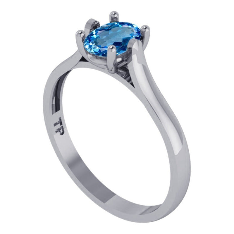 Anel Solitário Prata 925 Topázio Azul Oval - Exclusivo