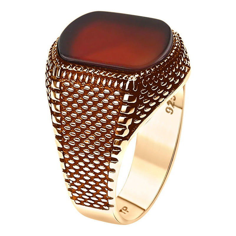 Anel Masculino Prata 925 Dourada Ouro 18k - Ágata Vermelha