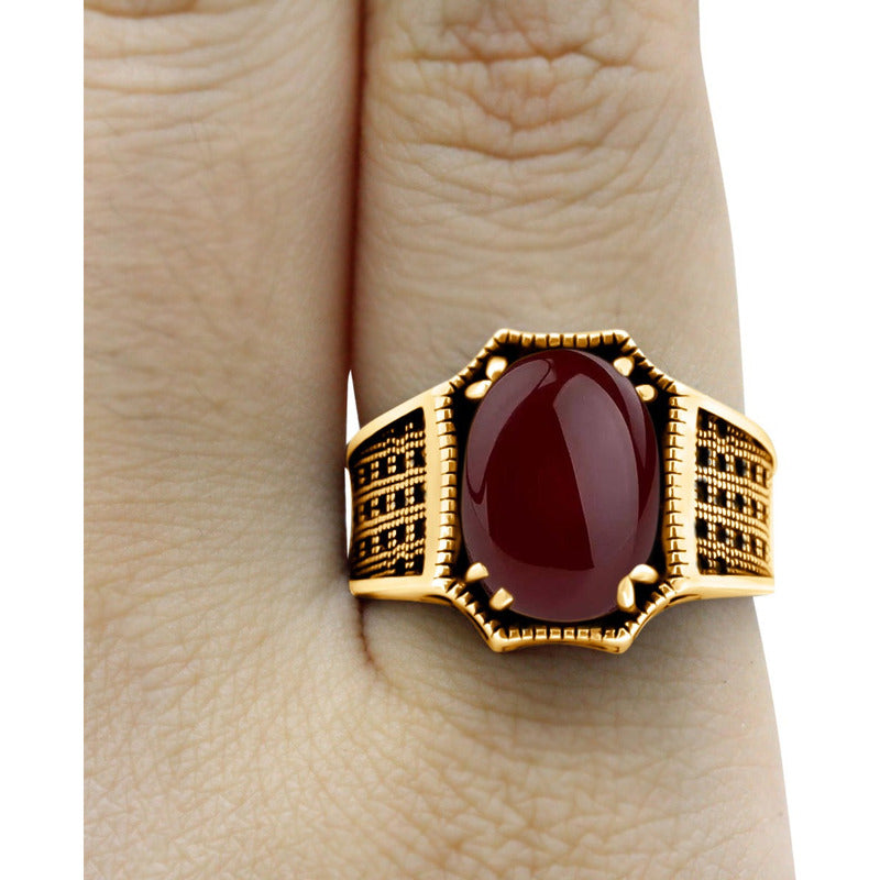 Anel Cabochão Prata 925 Dourada Ouro 18k - Ágata Vermelha
