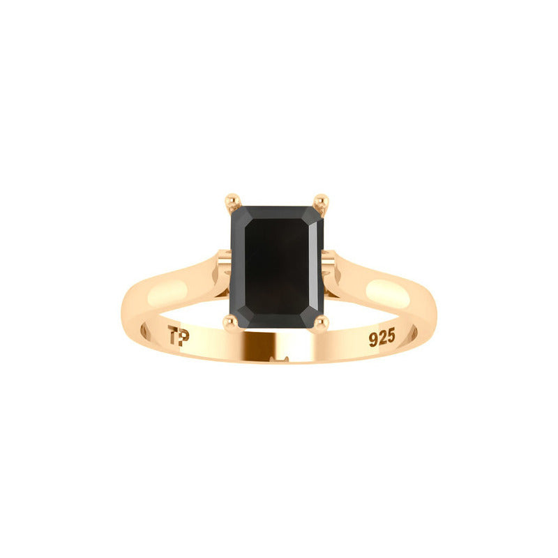 Anel Solitário Retangular Prata 925 Dourada 18k - Black Ônix