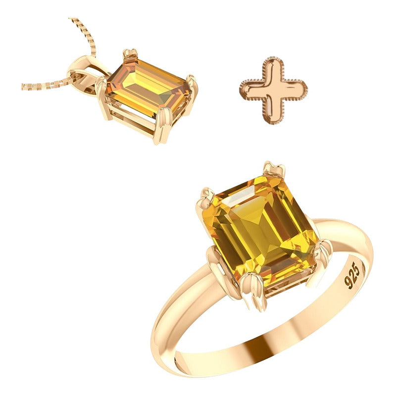 Kit Anel E Colar Vintage Prata 925 Dourada 18k - Citrino