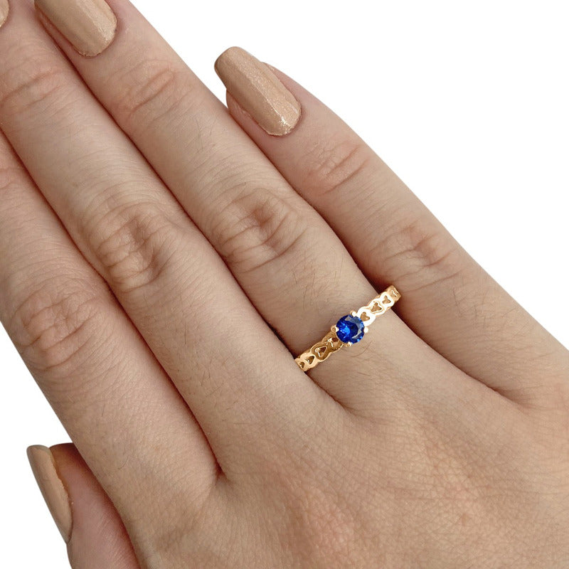 Anel Luxo Corações Prata 925 Dourada Ouro 18k Safira