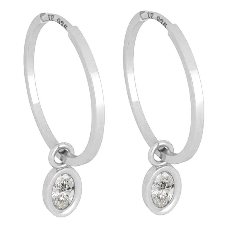 Brinco Argola Prata 925 Pingente Oval - Zircônia